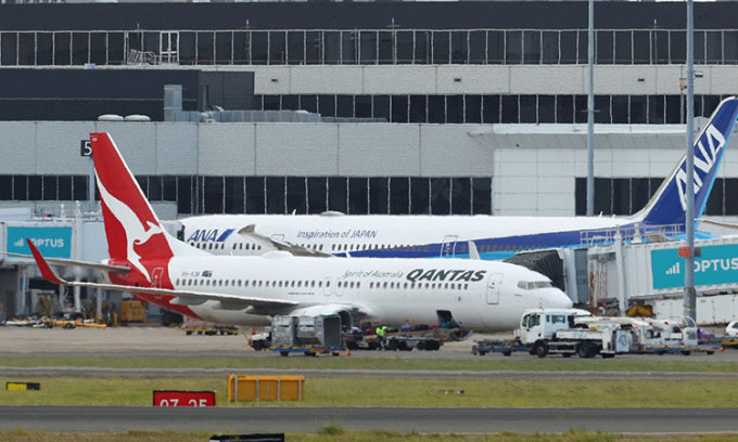 Chuyến bay Qantas QF144 hạ cánh tại Sân bay Sydney ngày 18/1/2023. (Ảnh: Brendon Thorne)