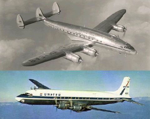 Hai chiếc máy bay Douglas DC-7 và Lockheed L-1049 Super Constellation trước khi va chạm trên không năm 1956. (Ảnh: Popularmechanics.com).