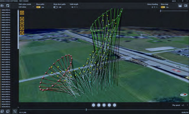 Giao diện phần mềm chuyên dụng Drone Show Software, cho phép người tổ chức màn trình diền mô phỏng và điều khiển các chuyển động đồng bộ và hiệu ứng ánh sáng của drone.