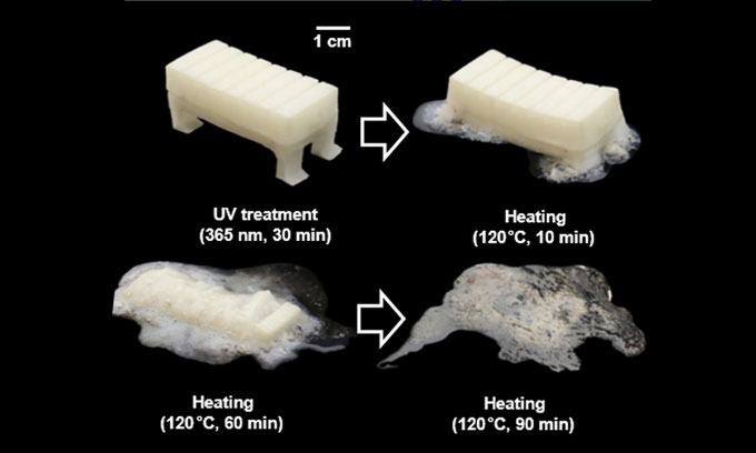 Ảnh Quá trình robot phân hủy ở 120 độ C sau khi tiếp xúc với ánh sáng cực tím. (Ảnh: Science Advances)