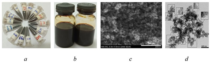 Hình ảnh vật liệu mới tổng hợp ở các dạng rắn (hình a), dạng huyền phù (hình b), hình ảnh kính hiển vi điện tử quét SEM của vật liệu (hình c) và ảnh kính hiển vi điện tử truyền qua TEM của vật liệu (hình d). (Ảnh: Nhóm nghiên cứu).