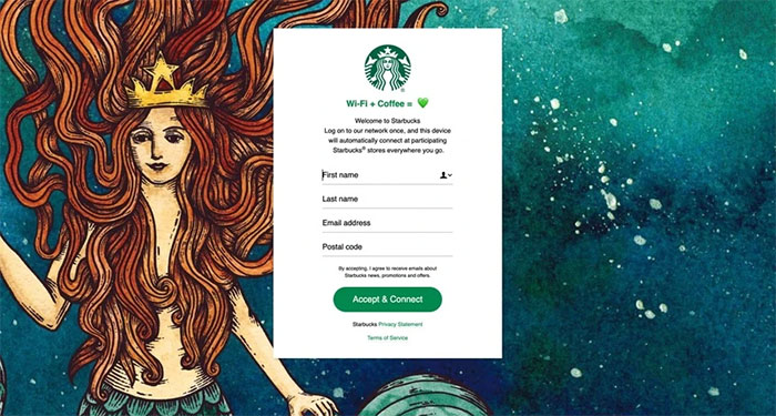 Một trang kết nối Wi-Fi (captive portal) của Starbucks. (Ảnh: Nil).